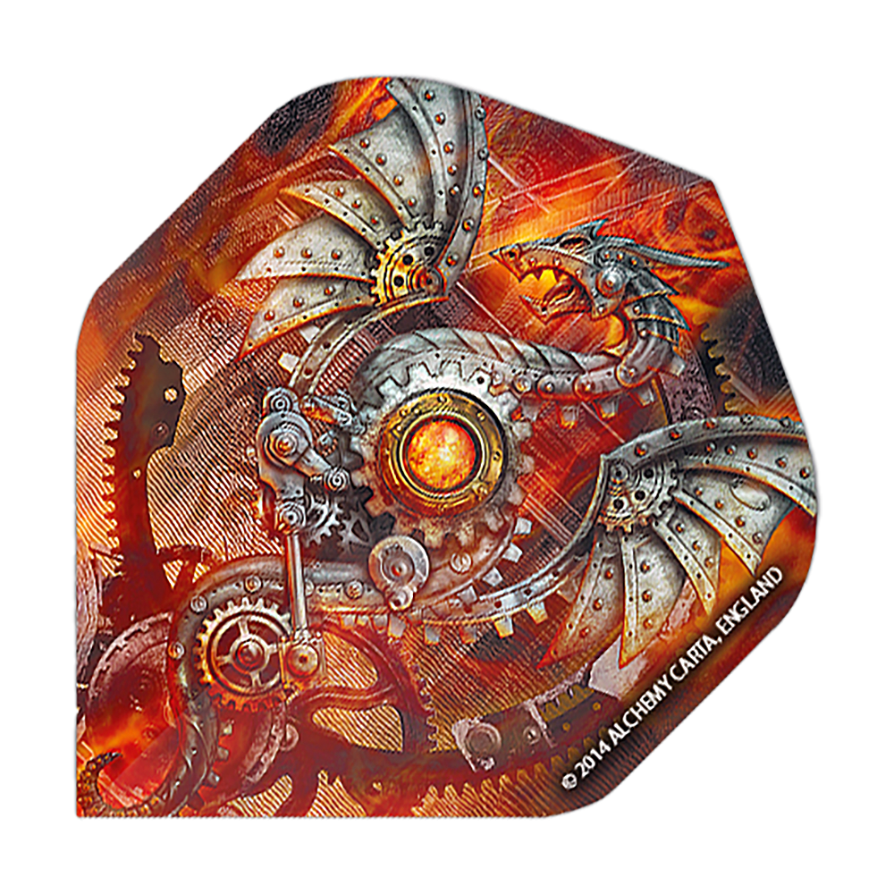 Das Bild zeigt ein Dartflight mit einem mechanischen Drachen-Design in Steampunk-Optik. Die Farben sind überwiegend orange und silber, mit vielen Zahnrädern und Metallstrukturen.